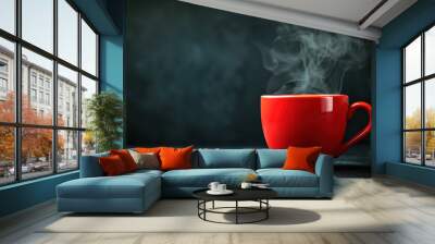 red coffee cup filled with a steaming hot coffee Wall mural