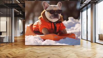 Portrait of a French Bulldog, a puppy wears winter jacket and ski goggles, snow on the mountain, winter landscape in the background. Wall mural