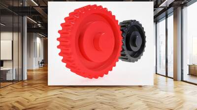 Red and black metal gears isolated on white background; concept of mechanism with two cogs; perspective view 3d rendering, 3d illustration Wall mural