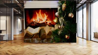 Beautiful decorated fireplace and Christmas tree Wall mural