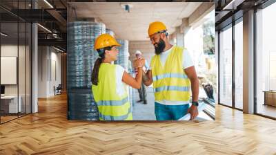 A smiling male and female construction worker shake hands on a busy construction site, attired in safety vests and hard hats, reflecting teamwork and collaboration in a professional setting. Wall mural