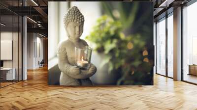 Buddha statue close-up in beautiful light. Close up of a Buddha figurine. Modern decor on a shelf, a buddha and a candle holder and a plants in a pot. Spiritual awakening Wall mural