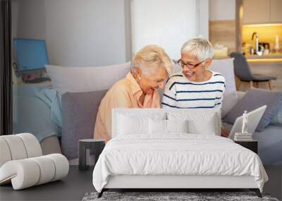 Senior women using laptop. Two old women and laptop. Senior women laugh while looking at laptop. Two senior women using laptop. Social Seniors. Wall mural