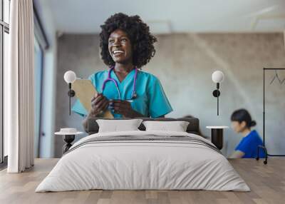 Smiling Nurse Holding Clipboard in a Medical Office Wall mural