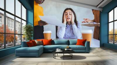 Stressed Businesswoman Overwhelmed with Office Workload Wall mural