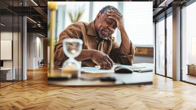 Stressed elderly grey-haired man in glasses look at laptop screen have problems paying bills taxes online. Thoughtful mature 70s male manage household finances, calculate expenses expenditures at home Wall mural