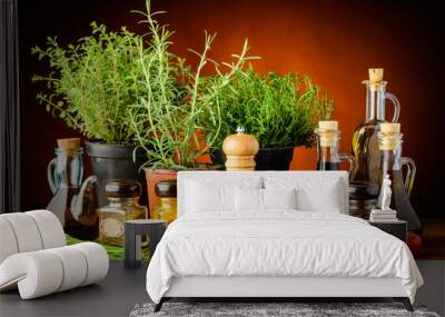 Still life with traditional herbs and spices Wall mural