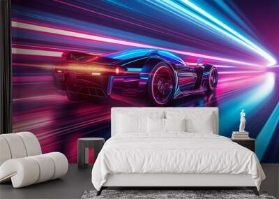  Futuristic concept showcasing a high speed supercar racing on a technologically advanced highway adorned with trail lights Wall mural