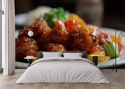 A delectable sweet and sour pork dish beautifully captured in this product photography. Ai generated Wall mural