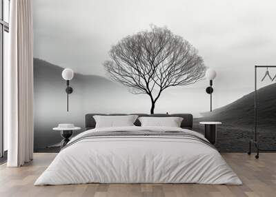 A simple and elegant black and white photograph featuring a tree in a minimalist style. Ai generated Wall mural