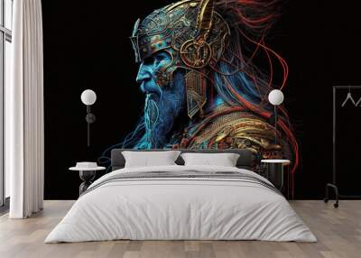 Abstract powerful warrior viking king portrait. Impressive man soldier portrait with blue color and intricate details. Ai generated Wall mural