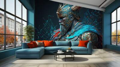 Abstract powerful warrior viking king portrait. Impressive man soldier portrait with blue color and intricate details. Ai generated Wall mural