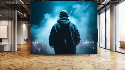 Artist rapper at a music concert on stage singing seen from the back with pink and blue smoke. Hip hop rap artist live performance. Ai generated Wall mural