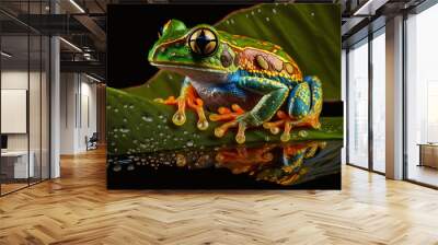 Beautifully colored tropical frog in the jungle on a leaf. Exotic rainforest cute little toad. Forest fauna. Ai generated Wall mural