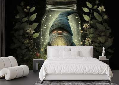 Character cute forest dwarf gnome or elf character walking at night through the forest with a lantern. Ai generated Wall mural