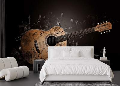 Classic wood guitar with musical notes score. Wooden musical play instrument with strings. Ai generated Wall mural