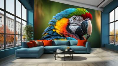 Colorful exotic jungle macaw parrot. Beautiful tropical rainforest wild and vivid vibrant colored bird close up macro. Ai generated Wall mural