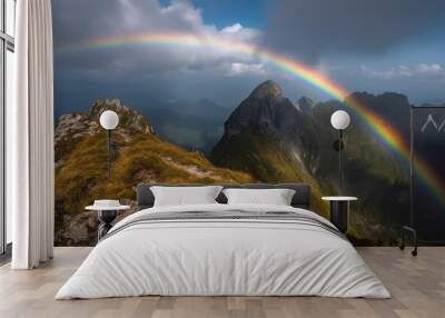 Hill or mountain peak with beautiful rainbow after a rain. Colorful beautiful scenery lanscape. Ai generated Wall mural