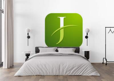 J alphabet letter logo for company and corporate in green color. Rounded square design with swoosh. Can be used for an app or button icon Wall mural