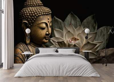 Spiritual Buddha statue meditating with lotus flower. Buddhist religion. Zen and enlightenment idea. Ai generated Wall mural