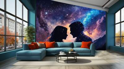 Two lovers in a romantic couple pose with starry night galaxy sky. Man and woman silhouette in happy relationship. Ai generated Wall mural