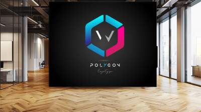 W polygonal polygon blue pink alphabet letter logo icon design for business and company Wall mural