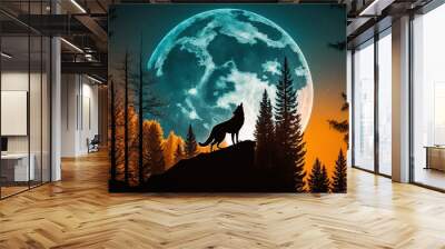 Wolf howling at full moon in the forest vector illustration. Wild animal in the forest. Ai generated Wall mural