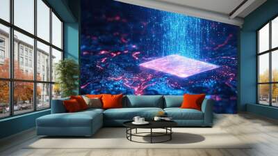 A digital chip with glowing blue particles falling from above, over a dark, textured surface Wall mural