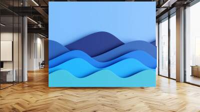 Layers of paper cutting of curvy waves in blue shades. Illustration as origami design element for website template background and slide show presentation background Wall mural