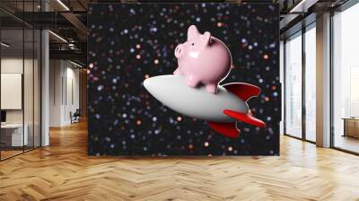 Pink piggy bank riding on a toy rocket on the starry background. Illustration of the concept of the growth of investment Wall mural