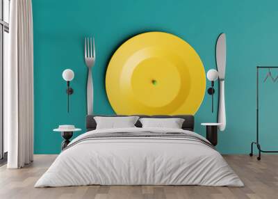 Yellow plate with only a green pea with fork and knife on each side on green background. Illustration of the concept of superfood, dieting, famine and green diet Wall mural