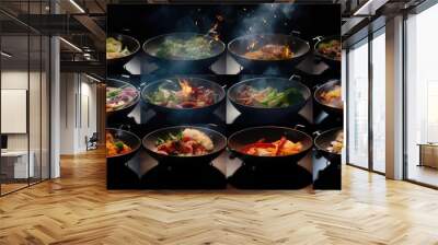 Assorted Stir-Fry Dishes in Woks with Fresh Vegetables and Meat Cooking Over High Heat Wall mural