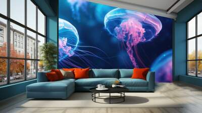 Vibrant Glowing Jellyfish in Deep Ocean Waters with Neon Blue and Pink Colors Wall mural