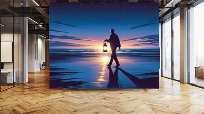 A silhouetted figure walking across a reflective surface at twilight Wall mural