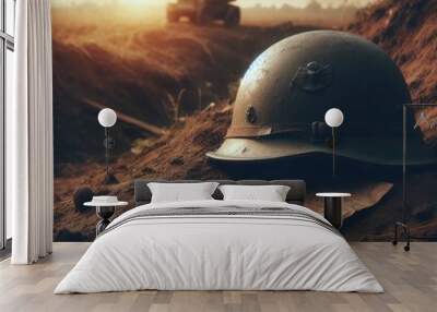 Helmet and Letter in Battlefield at Sunset Wall mural