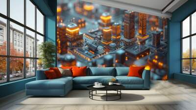 A futuristic city landscape meticulously integrated into the intricate pathways of a circuit board, symbolizing the seamless blend of technology and urban life. Wall mural