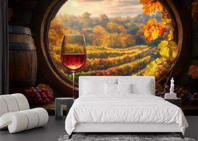 A glass of red wine sits beside grapes and a wine barrel, overlooking a vineyard bathed in golden sunset light, capturing a perfect autumn scene Wall mural