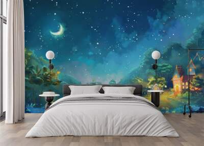 A painting of a starry night with a house in the background. The painting has a dreamy and peaceful mood Wall mural