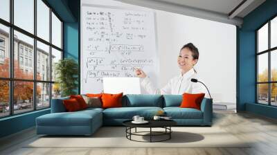 Smiling young Asian mathematics teacher pointing at whiteboard with formulas when explaining topic online to students Wall mural