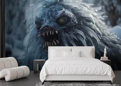 AI generated illustration of a mythical fictitious monster character with fur in a snowy landscape Wall mural