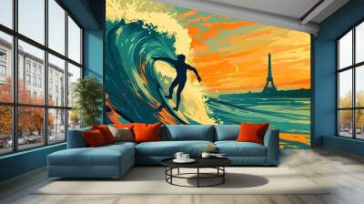 Surfing the Seine with the Eiffel Tower in the Background Wall mural