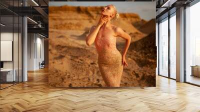 Closeup of a beauty portrait of fashionable slim body young attractive and sexy woman in the desert in long gold dress. Wall mural