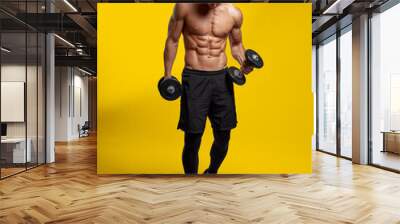 Full length image of a confident fit young man shirtless torso portrait training with dumb-bell, isolated yellow background. Wall mural