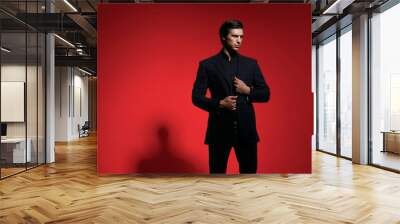 Profile of a business man dressed in black suit portrait against a red background. Closeup portrait handsome man, Wall mural