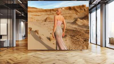 Rear view of a sensual young blonde woman in the desert in maxi gold dress posing in desert, at sunset background. Wall mural