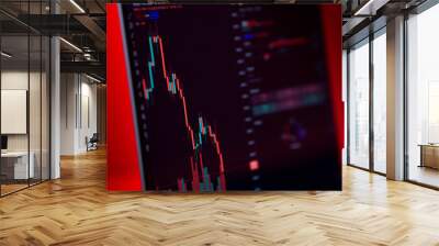 Bitcoin price is falling down and the entire crypto currency market is loosing money. The graph evolution of this coin on a laptop screen with red background. Strong sell signal. Wall mural