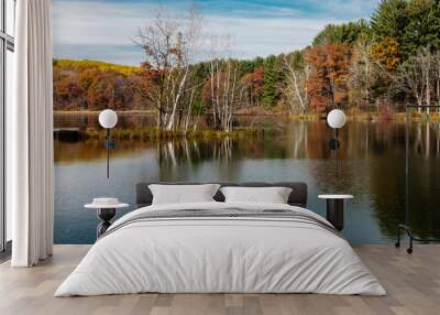 A small peninsula, with its tress almost leafless on this late October morning,  separates two small sections of Allen Lake within Hartman Creek State Park, Waupaca, Wisconsin Wall mural