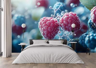 Closeup of Two Raspberries with Molecular Structure Illustration Wall mural