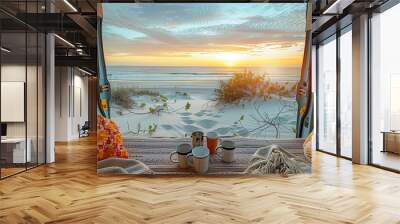 A caravan parked on the beach as the sun goes down Generative AI Wall mural