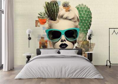 Pop art postmodern style collage. Illustration of busines woman with cactus on the head depicting headache. Pace of modern life concept. A minimalistic and surreal portrait. Wall mural